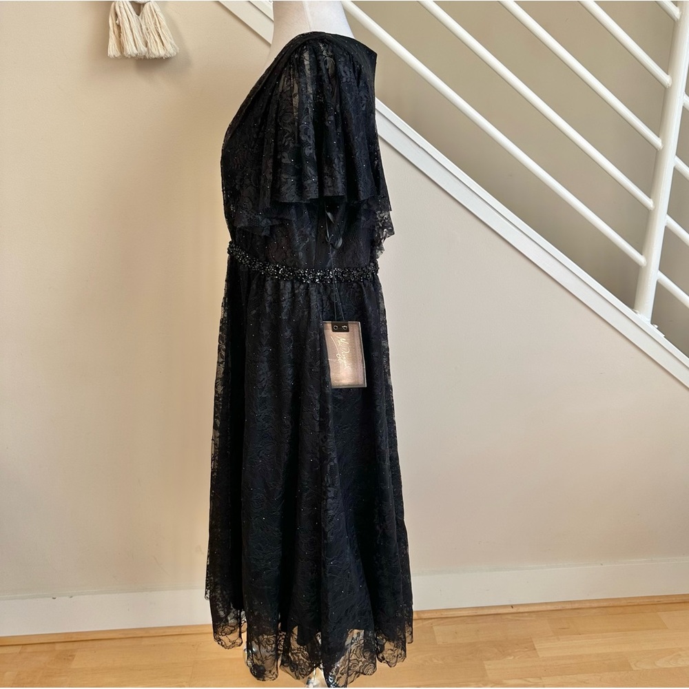 MAC DUGGAL Black Lace Overlay Short Sleeve Empire Waist V Neck Midi Dress 16 NWT - Picture 6 of 16